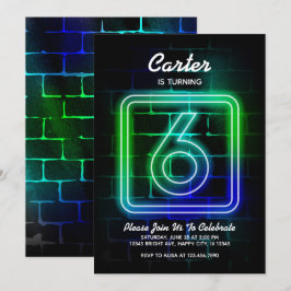 Neon Birthday-uitnodiging voor jongen 6th Birthday Kaart