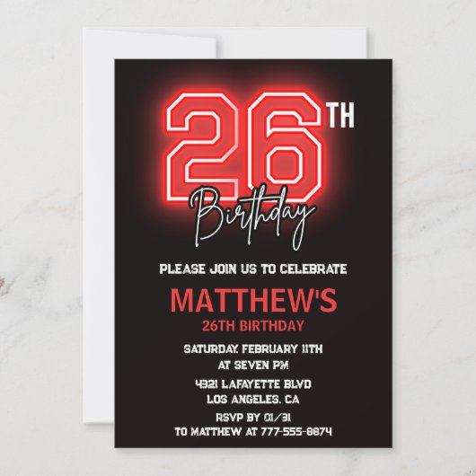 Neon Black 26e anniversaire invitation Hommes anni (Devant)
