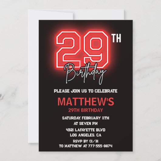 Neon Black 29e anniversaire invitation Hommes anni (Devant)