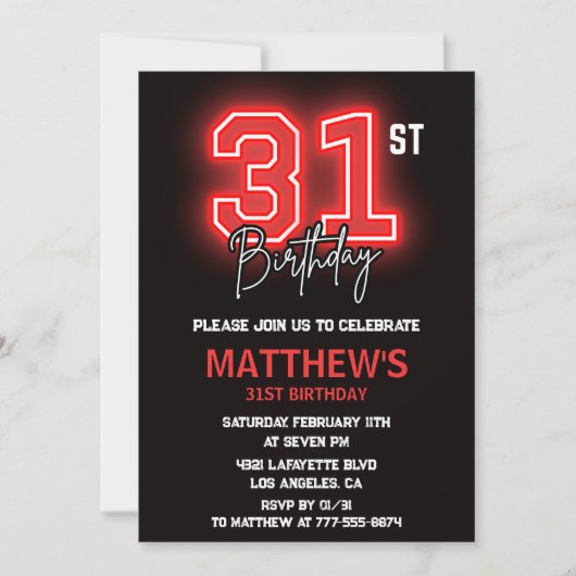 Neon Black 31e anniversaire invitation Hommes anni (Devant)