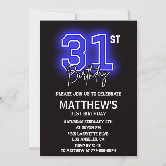 Neon Black 31e anniversaire invitations Hommes Spo (Devant)