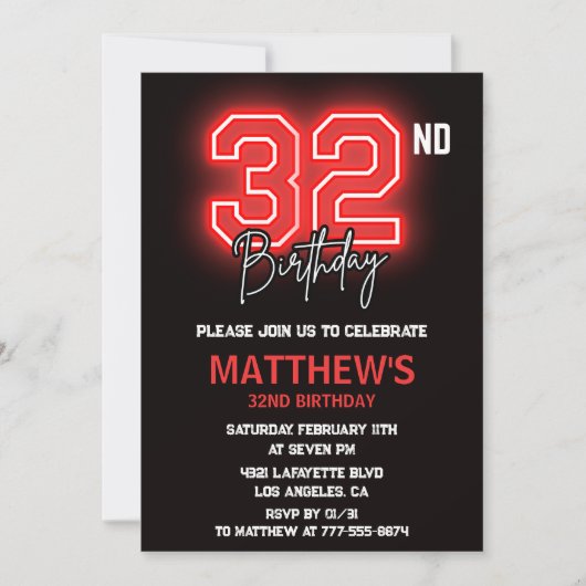 Neon Black 32e anniversaire invitation Hommes anni (Devant)