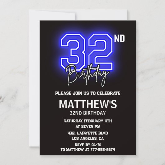 Neon Black 32e anniversaire invitations Hommes Spo (Devant)