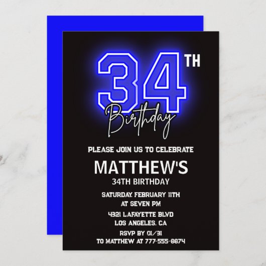 Neon Black 34e anniversaire invitations Hommes Spo (Devant / Derrière)