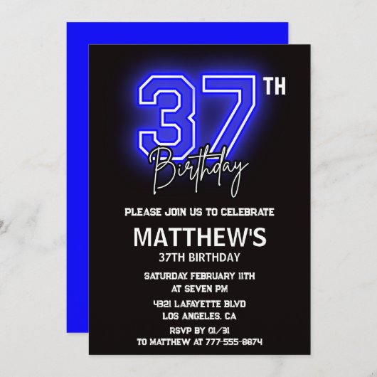 Neon Black 37e anniversaire invitations Hommes Spo (Devant / Derrière)
