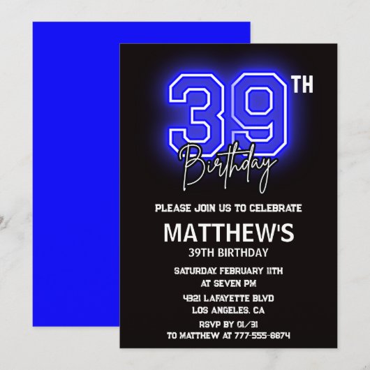 Neon Black 39e anniversaire invitations Hommes Spo (Devant / Derrière)