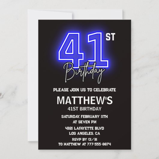 Neon Black 41e anniversaire invitations Hommes Spo (Devant)