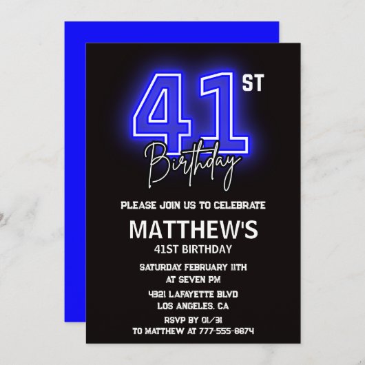 Neon Black 41e anniversaire invitations Hommes Spo (Devant / Derrière)
