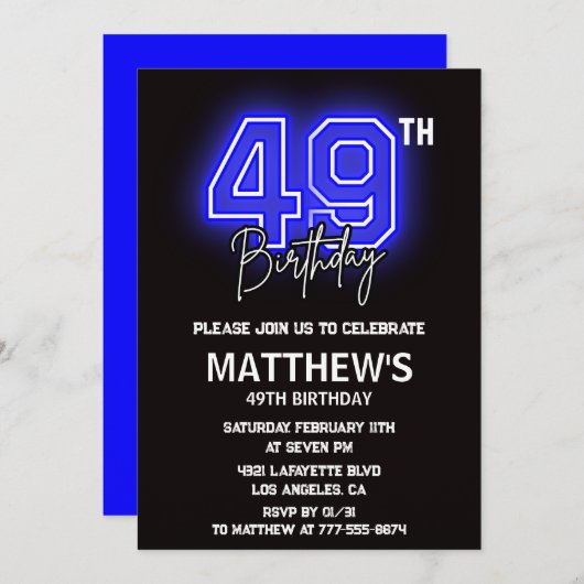 Neon Black 49e anniversaire invitations Hommes Spo (Devant / Derrière)