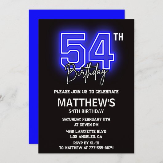 Neon Black 54e anniversaire invitations Hommes Spo (Devant / Derrière)