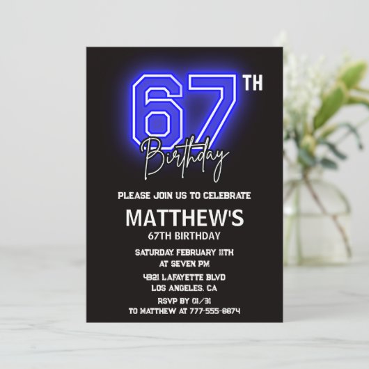 Neon Black 67e verjaardag uitnodigingen Mannen Spo (Staand voorkant)