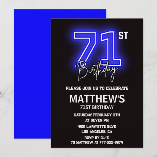 Neon Black 71e anniversaire invitations Hommes Spo (Devant / Derrière)