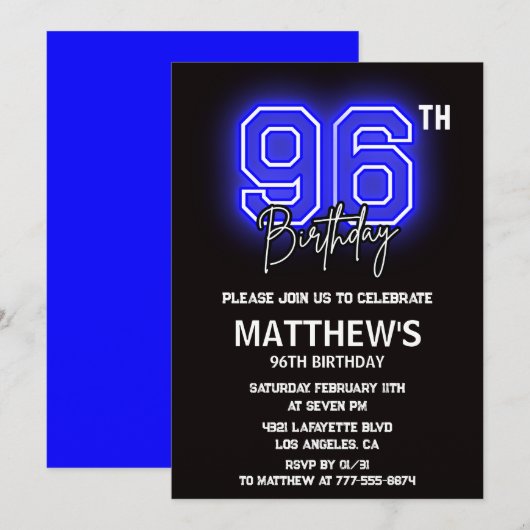 Neon Black invitations à 96e anniversaire Men Spor (Devant / Derrière)