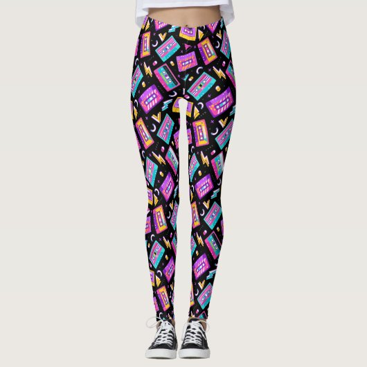Neon & Black Trendy 80's Cassette Music Leggings (Devant)