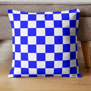 Neon Blauw en Wit Geruite Checkerboard Kussen