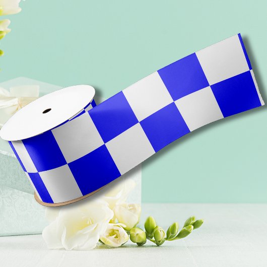 Neon Blauw en Wit Geruite Checkerboard  Lint