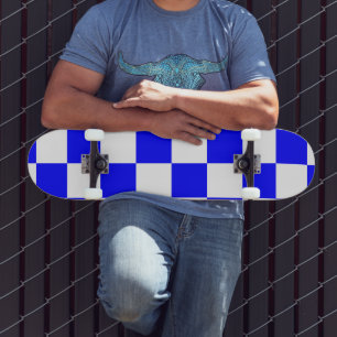 Neon Blauw en Wit Geruite Checkerboard  Skateboard