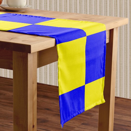 Neon Blauw Geel Geruite Checkerboard  Korte Tafelloper