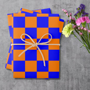 Neon Blauw Oranje Geruit Dambord Vintage Inpakpapier Vel