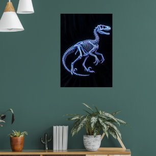 Neon Blauwe Dinosaurus Skelet Kunst Poster Veloc