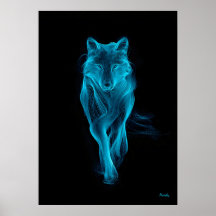 Neon Blauwe Wolf Futuristische Filament Wandkunst