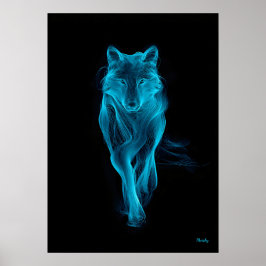 Neon Blauwe Wolf Futuristische Filament Wandkunst Poster