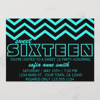 Neon Blauwgroen en Black Chevron Sweet 16 Uitnodig Kaart