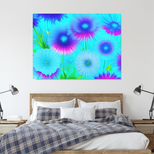 Neon Bloemen Blauw Paars Bloemen Verpakt Canvas (Insitu (Slaapkamer))