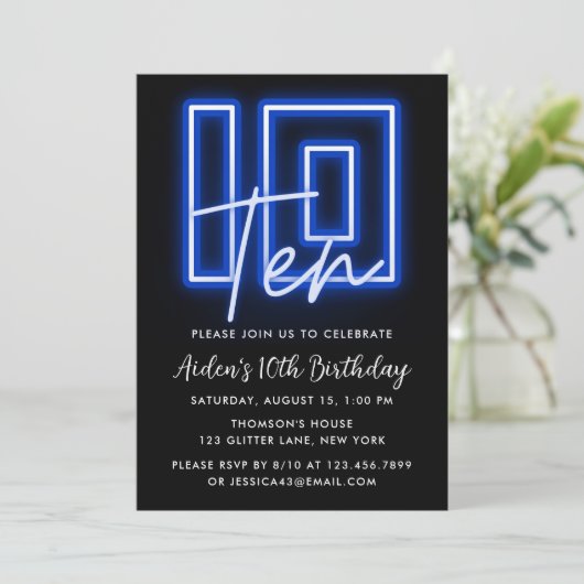 Neon Blue 10th Birthday Invitation (Debout devant)