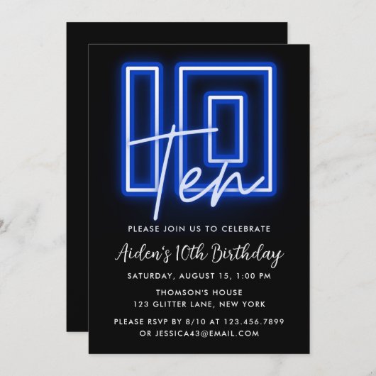Neon Blue 10th Birthday Invitation (Devant / Derrière)