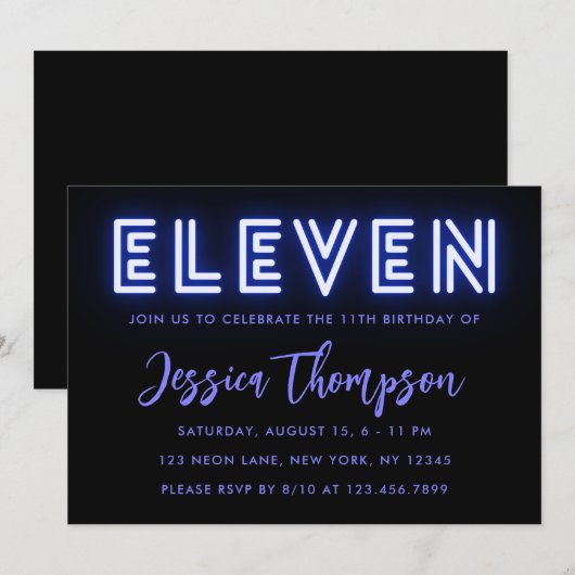 Neon Blue 11e anniversaire Invitation (Devant / Derrière)