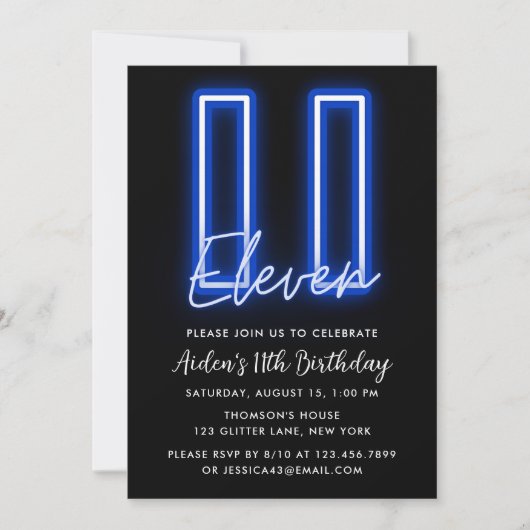 Neon Blue 11th Birthday Invitation Kaart (Voorkant)