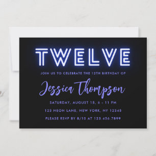 Neon Blue 12th Birthday Invitation Kaart