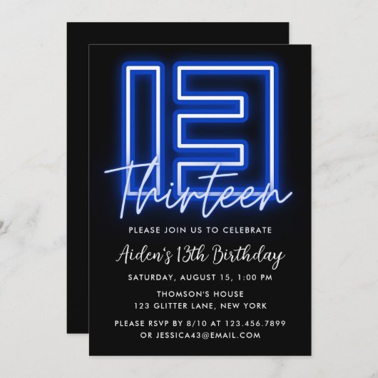 Neon Blue 13e anniversaire Invitation (Devant / Derrière)