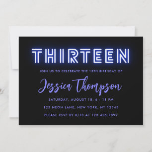 Neon Blue 13th Birthday Invitation Kaart