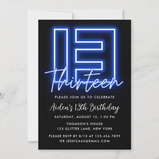 Neon Blue 13th Birthday Invitation Kaart (Voorkant)