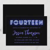 Neon Blue 14th Birthday Invitation Kaart (Voorkant / Achterkant)