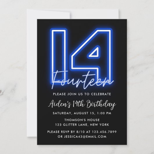 Neon Blue 14th Birthday Invitation Kaart (Voorkant)