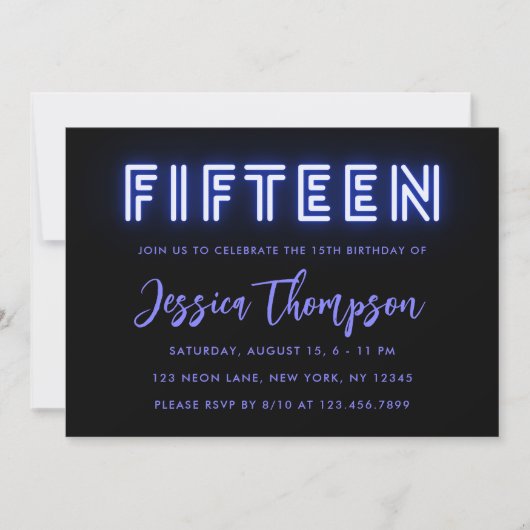 Neon Blue 15th Birthday Invitation Kaart (Voorkant)
