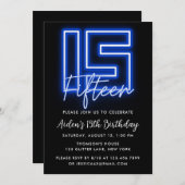 Neon Blue 15th Birthday Invitation Kaart (Voorkant / Achterkant)