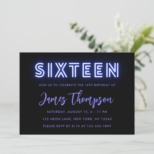 Neon Blue 16e anniversaire Invitation (Debout devant)