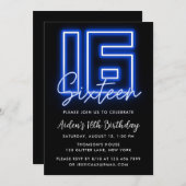 Neon Blue 16th Birthday Invitation Kaart (Voorkant / Achterkant)