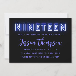 Neon Blue 19th Birthday Invitation Kaart