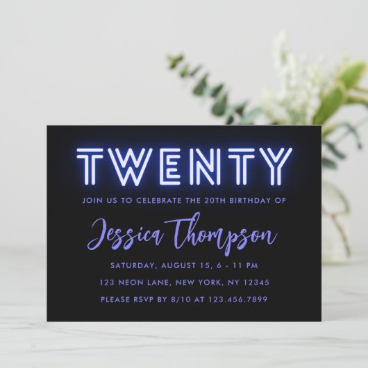 Neon Blue 20th Birthday Invitation (Debout devant)