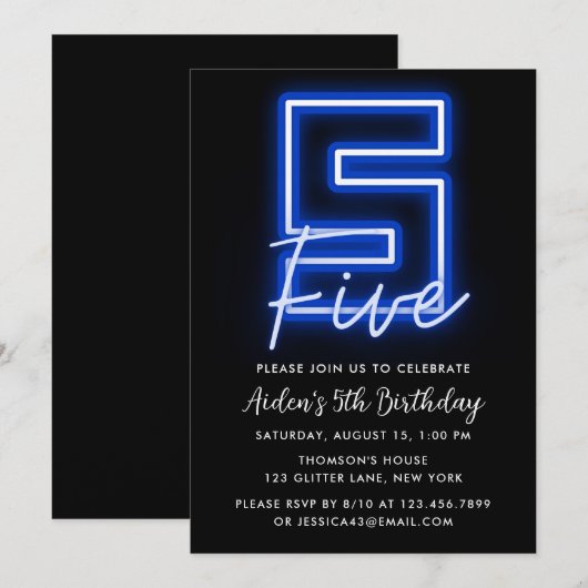 Neon Blue 5e anniversaire Invitation (Devant / Derrière)