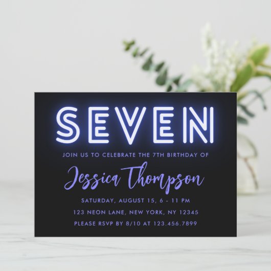 Neon Blue 7th Birthday Uitnodiging (Staand voorkant)