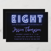 Neon Blue 8th Birthday Uitnodiging (Voorkant / Achterkant)