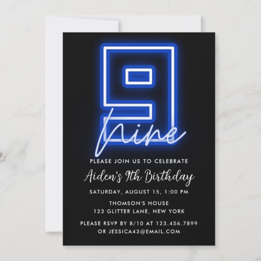 Neon Blue 9th Birthday Invitation (Devant)