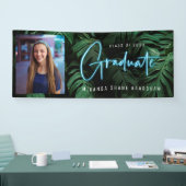 Neon Blue Afstuderen Tropische bladeren Foto Spandoek (Beurs)