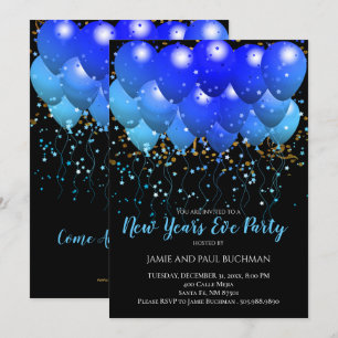 Neon Blue ballonnen en Gold Confetti op zwart Kaart